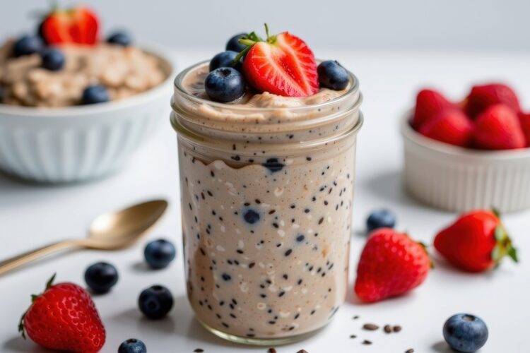 picture of a bowl of overnight oats with blueberries and strawberries