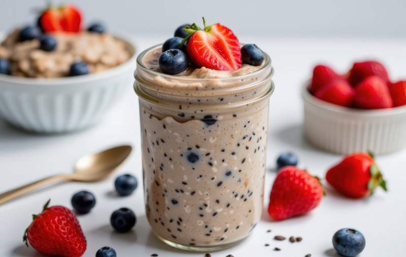 picture of a bowl of overnight oats with blueberries and strawberries