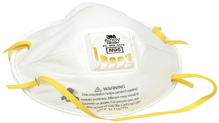 A white 3M N95 particulate respirator mask with yellow elastic straps and an exhalation valve, displaying NIOSH certification labeling.