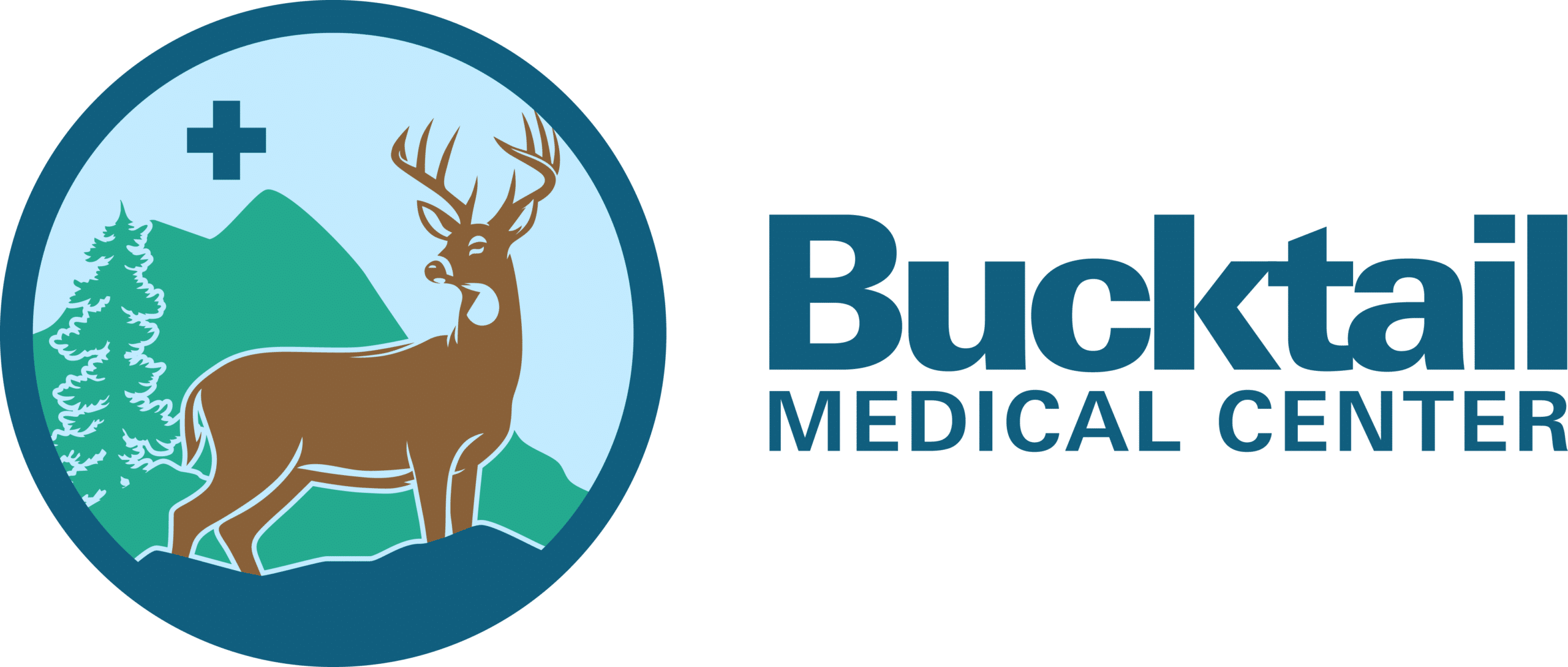 Bucktail Medical Center logo, featuring a circular emblem with a deer and mountain scene beside the text "Bucktail Medical Center" in dark blue lettering.