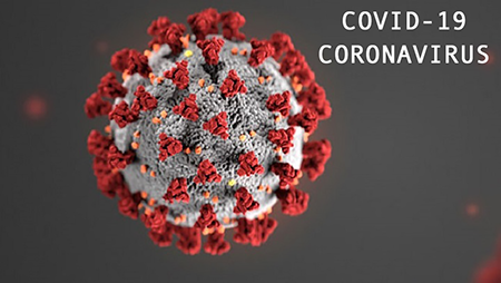 A 3D rendered illustration of the COVID-19 coronavirus, shown as a gray spherical particle covered in red spike proteins, with the text "COVID-19 CORONAVIRUS" beside it.
