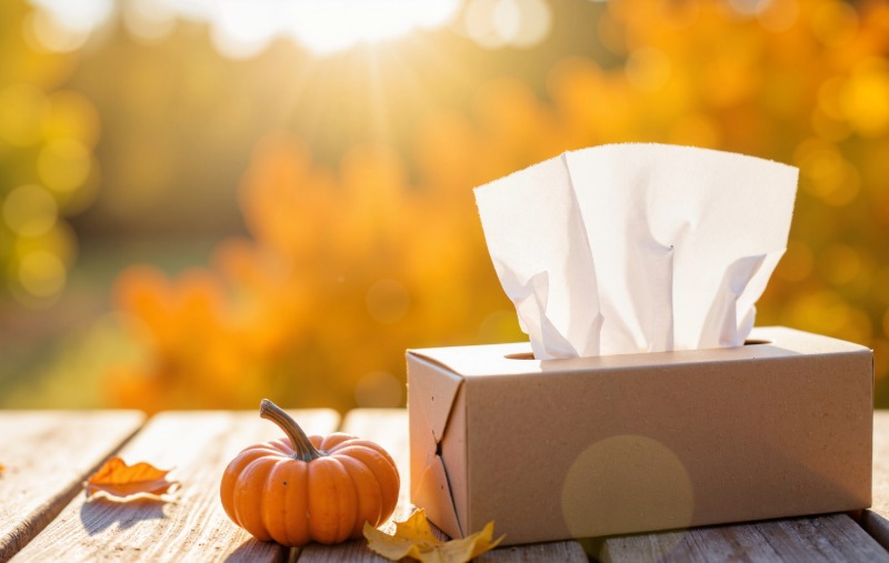 A box of tissues with one tissue pulled up, sitting on a wooden surface next to a small decorative pumpkin and scattered autumn leaves, backlit by warm sunlight.