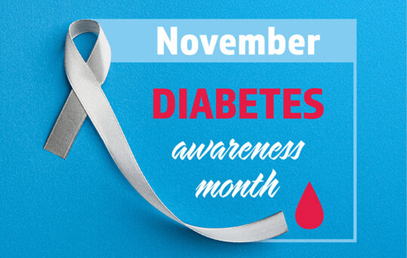 A gray awareness ribbon on a blue background beside text reading "November, Diabetes awareness month" with a red blood drop icon.