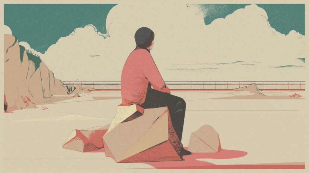 A stylized illustration of a person in a pink jacket sitting on angular rocks, gazing out at a hazy horizon with cliffs on the left and a guardrail in the distance.