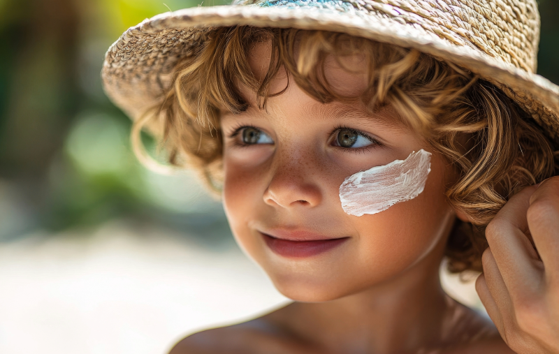 A close-up of a smiling young child wearing a woven sun hat, with a swipe of white sunscreen visible on their cheek, an adult's hand adjusting the hat.