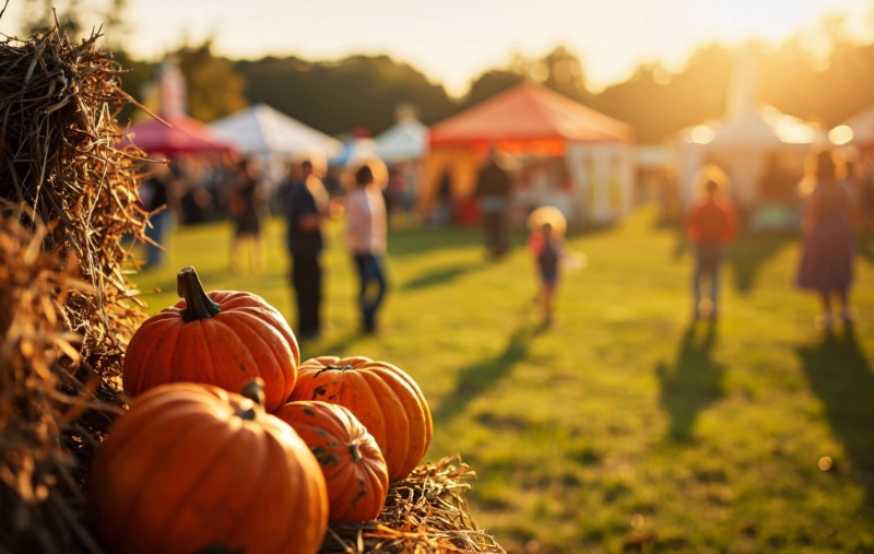 Small pumpkins sit atop a hay bale in the foreground, with blurred festival tents and visitors walking across a grassy field at sunset in the background.