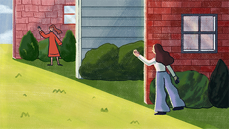 An illustration of two women standing between houses, waving to each other from a distance across a yard, one wearing an orange coat and the other in a white top and gray pants.